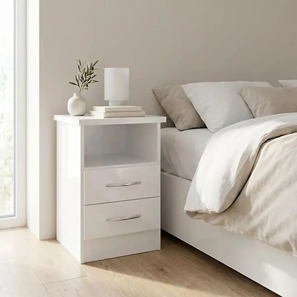 BOXED NEVADA 2 DRAWER BEDSIDE IN WHITE GLOSS (1 BOX)