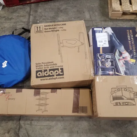 PALLET CONTAINING ASSORTED PRODUCTS INCLUDING POP UP TENT, SOLO PRESIDENT TOILET SEAT AND FRAME, CLOTHES AIRER, MULTIFUNCTIONAL FITNESS BOARD & STEAM FABRIC CLEANING MACHINE