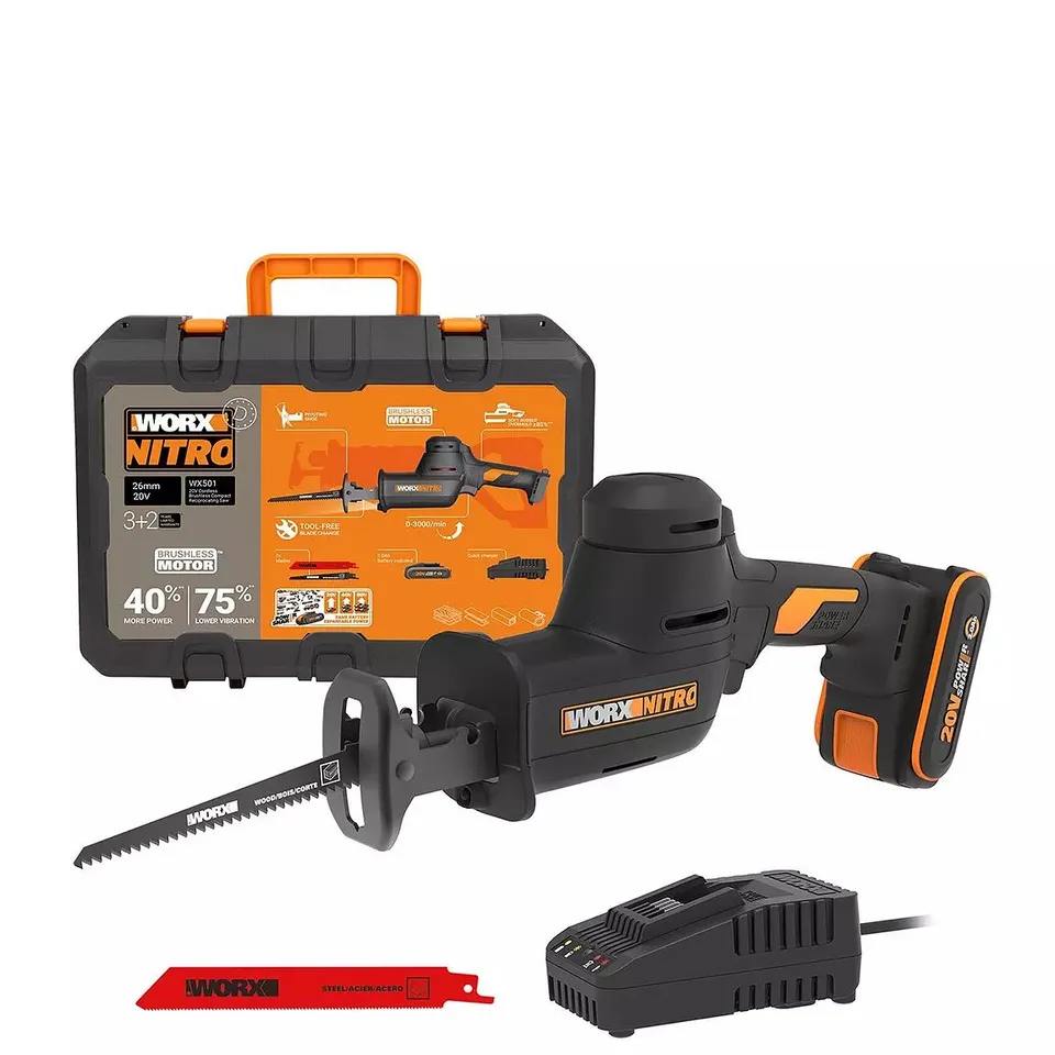 WORX 20V POWERSHARE 26MM CORDLESS BRUSHLESS RECIPROCATING SAW WITH X1 2.0AH BATTERY & CHARGER