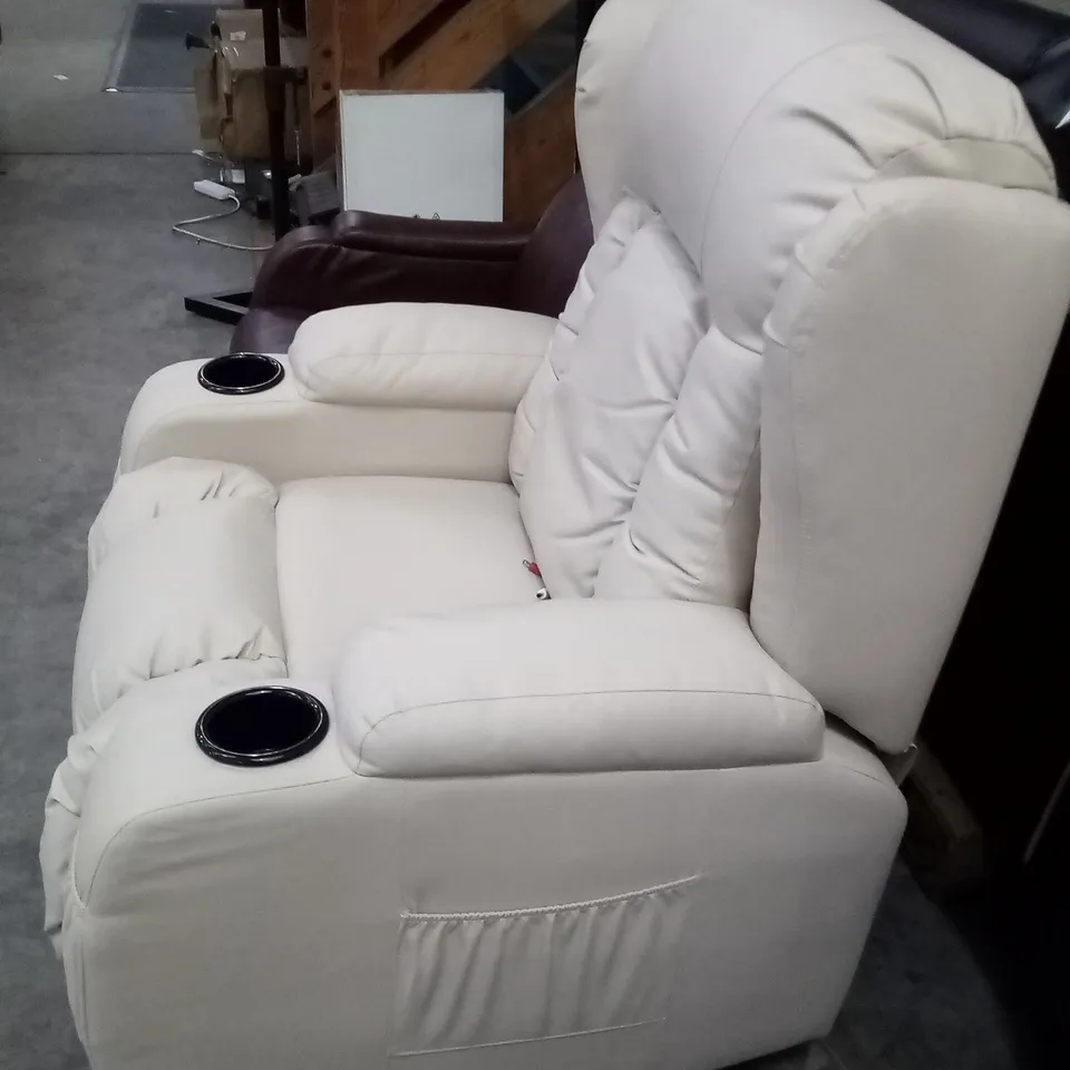 DESIGNER CREAM LEATHER MANUAL RECLINER CHAIR WITH CUP HOLDERS