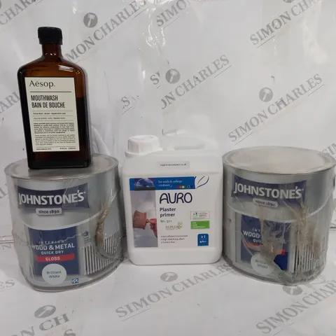 BOX OF APPROX 4 ASSORTED LIQUIDS TO INCLUDE - JOHNSTONES WOOD & METAL GLOSS - PLASTER PRIMER - AESOP MOUTHWASH