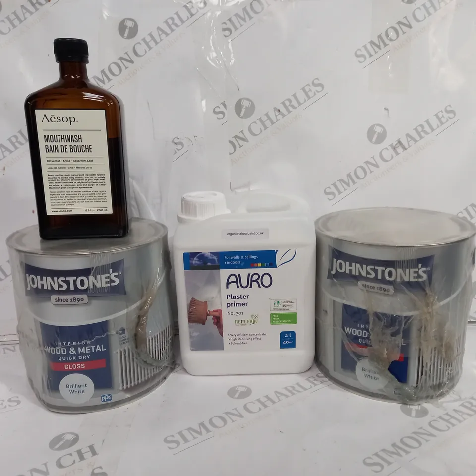 BOX OF APPROX 4 ASSORTED LIQUIDS TO INCLUDE - JOHNSTONES WOOD & METAL GLOSS - PLASTER PRIMER - AESOP MOUTHWASH