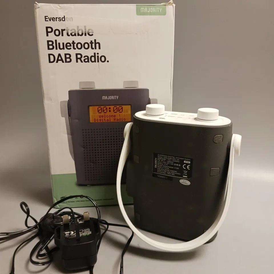BOXED MAJORITY WATER RESISTANT PORTABLE RADIO IN GREY AND WHITE