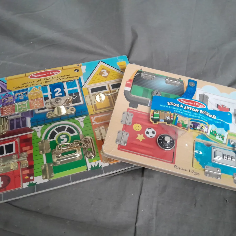 2 SEALED MELISSA AND DOUG TOYS TO INCLUDE LATCHES BOARD AND LOCK AND LATCH BOARD