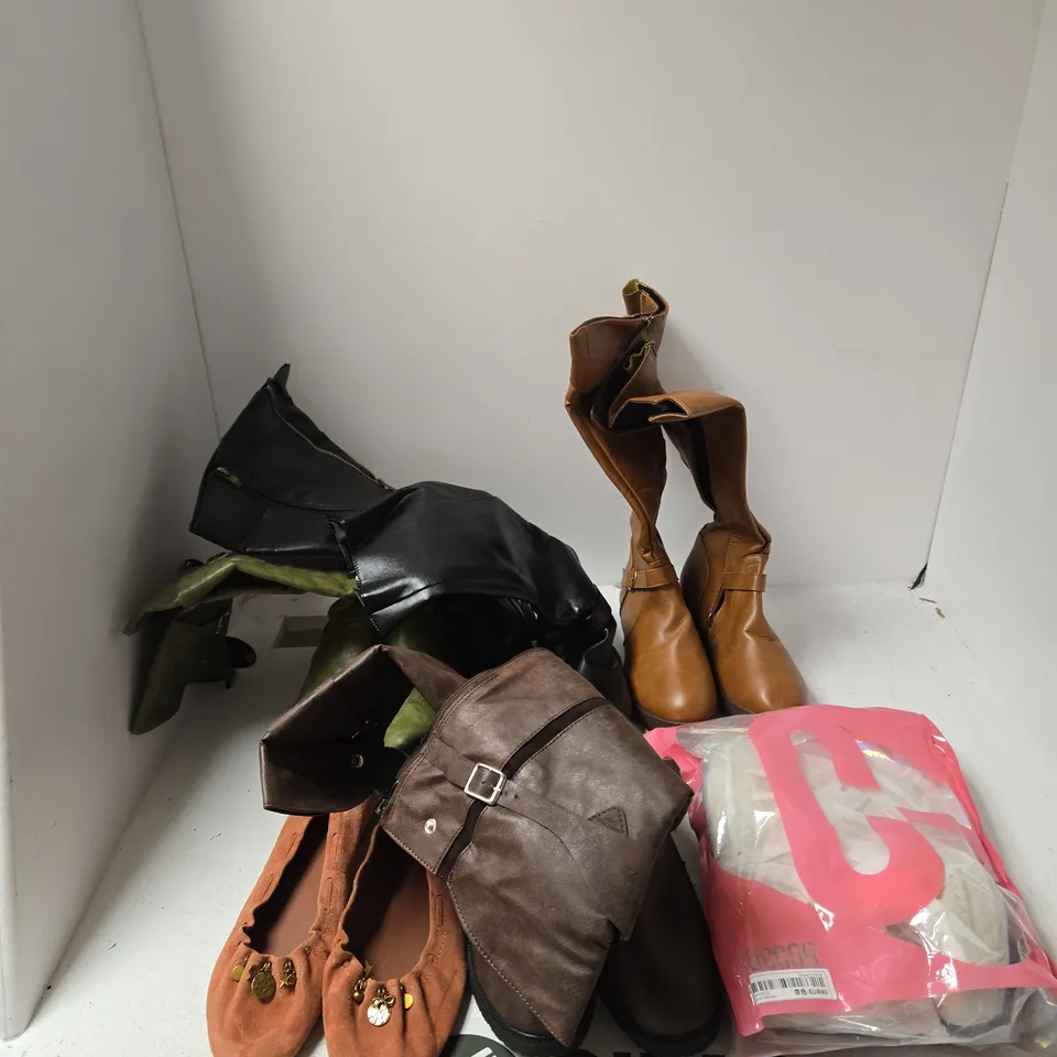 BOX OF APPROXIMATELY 10 ASSORTED PAIRS OF SHOES IN VARIOUS COLOURS, SIZES AND STYLES