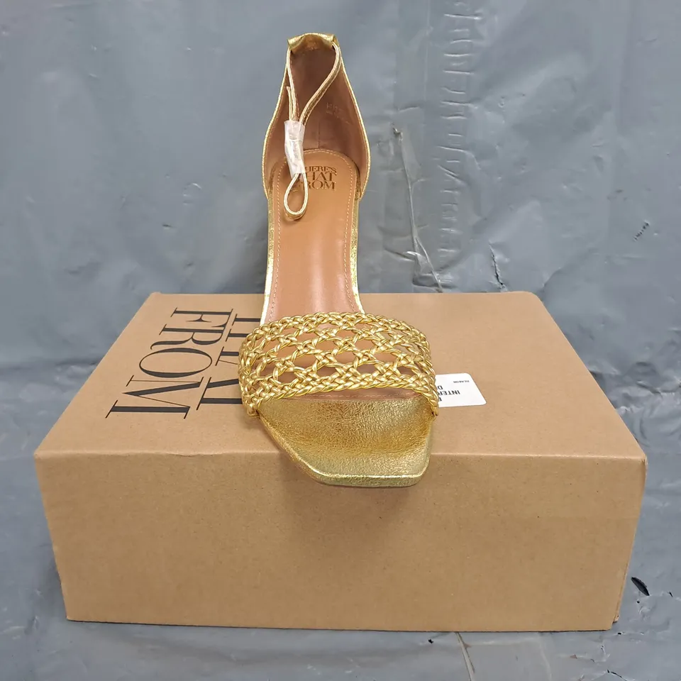 BOXED PAIR OF WHERE'S THAT FROM OPEN TOE HEELED SANDALS IN METALLIC GOLD SIZE UK 7