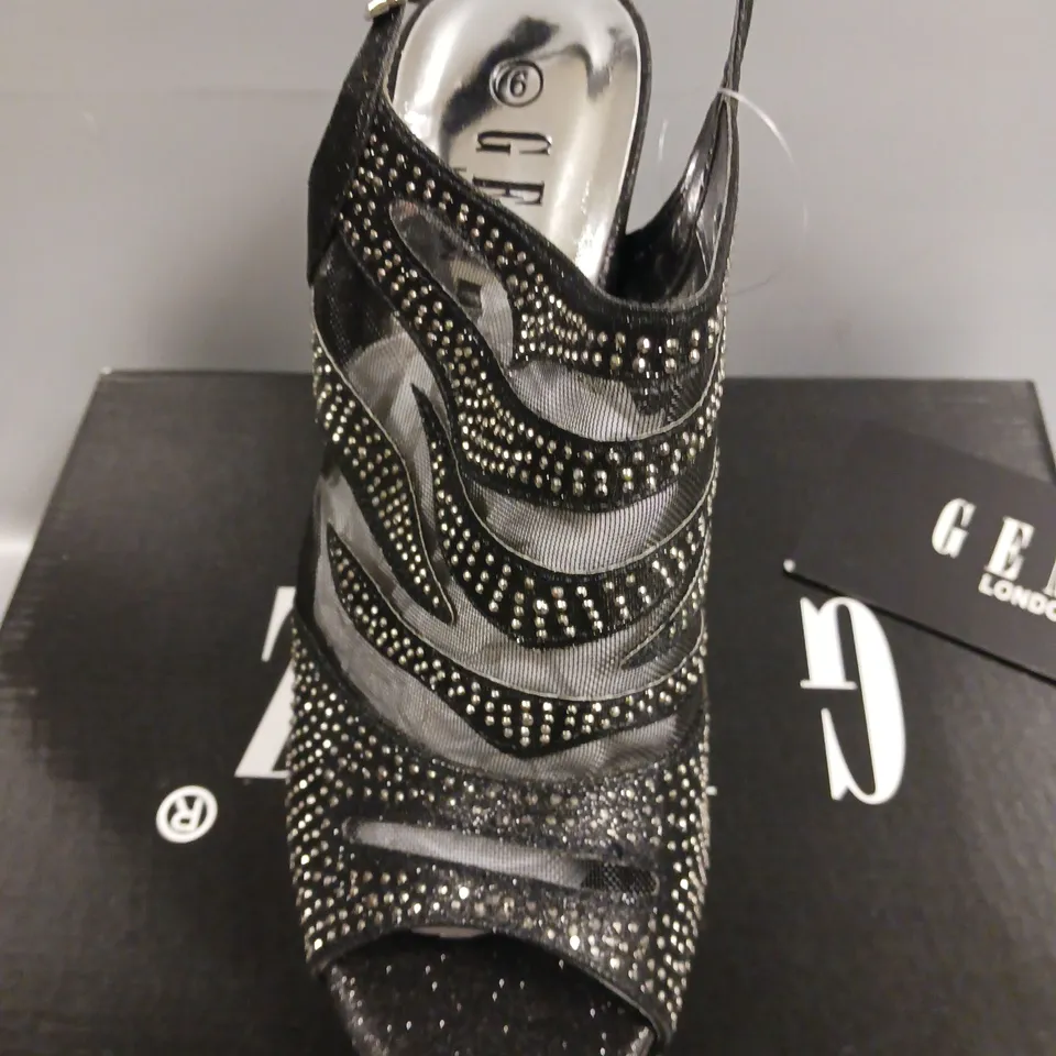 LOT OF 12 BOXED PAIRS OF GEMZ LONDON HEELED SHOES IN BLACK - VARIOUS SIZES 3/4/5/6/7/8