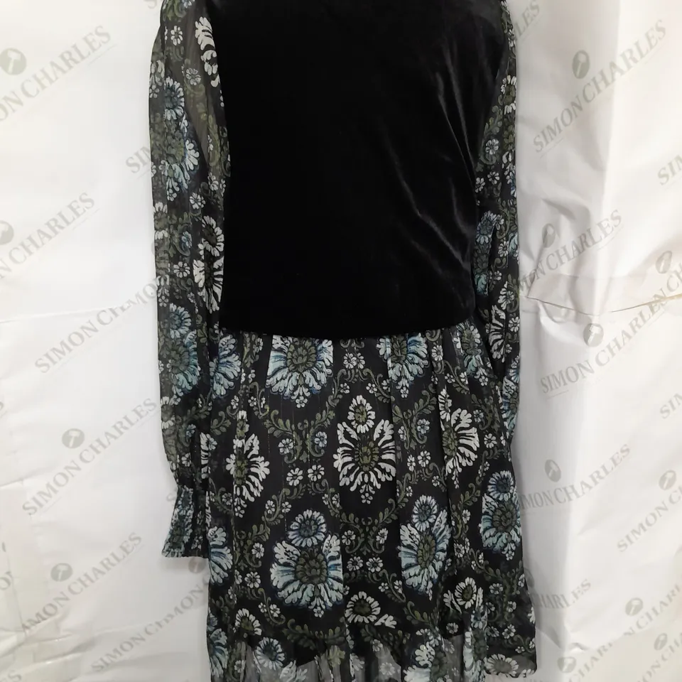 ZARA VELVET WAISTCOAT RUFFLE HEM DRESS IN BLACK AND GREEN FLORAL SIZE XS