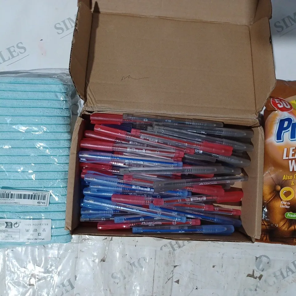 BOX OF APPROXIMATELY 10 ASSORTED HOUSEHOLD ITEMS TO INCLUDE ASSORTMENT OF PENS, PRISM LEATHER WIPES, ETC