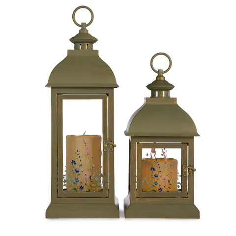 GARDEN STORIES TIMELESS SET OF 2 FLORAL PAINTED LANTERNS