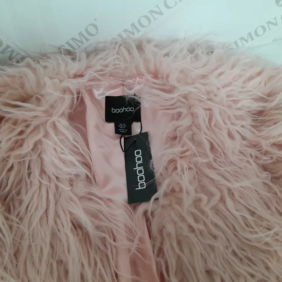 BOOHOO WOMENS MONGOLIAN FAUX FUR COAT IN DUSTY PINK - UK 12