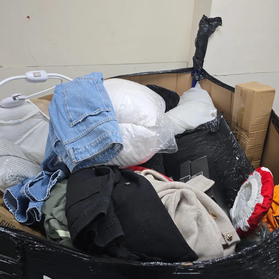 PALLET TO CONTAIN A LARGE ASSORTMENT OF HOUSEHOLD ITEMS TO INCLUDE CLOTHING, ETC - COLLECTION ONLY