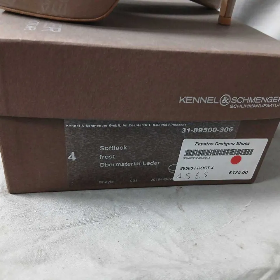 KENNEL & SCHMENGER TAUPE PATENT LEATHER HIGH-HEEL COURT SHOES – SOFTLACK FROST, BOXED SIZE 4