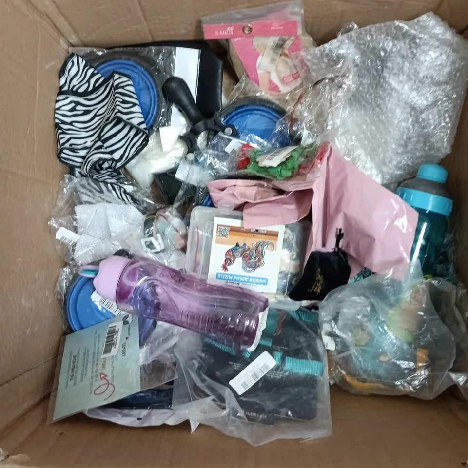 BOX OF ASSORTED HOUSEHOLD ITEMS TO INCLUDE; HAIR EXTENSIONS, WATER BOTTLE/S, DOG HARNESS.