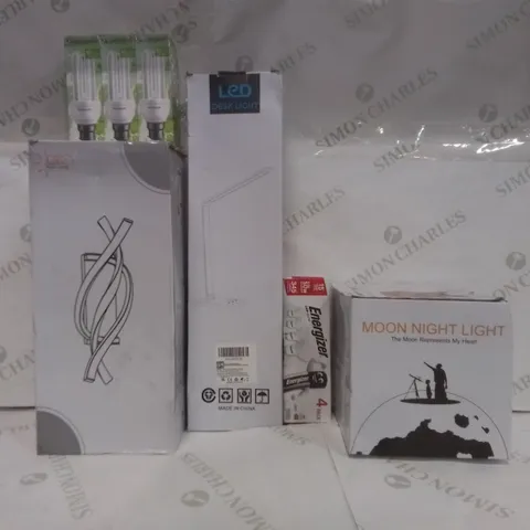 BOX OF ASSORTED ELECTRICAL GOODS TO INCLUDE; MOON NIGHT LIGHT, LEDWALL LAMP, ENERGIZER 4 PACK LED BULBS ETC