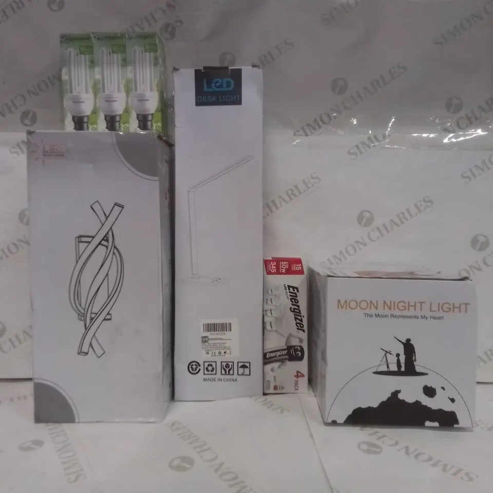 BOX OF ASSORTED ELECTRICAL GOODS TO INCLUDE; MOON NIGHT LIGHT, LEDWALL LAMP, ENERGIZER 4 PACK LED BULBS ETC