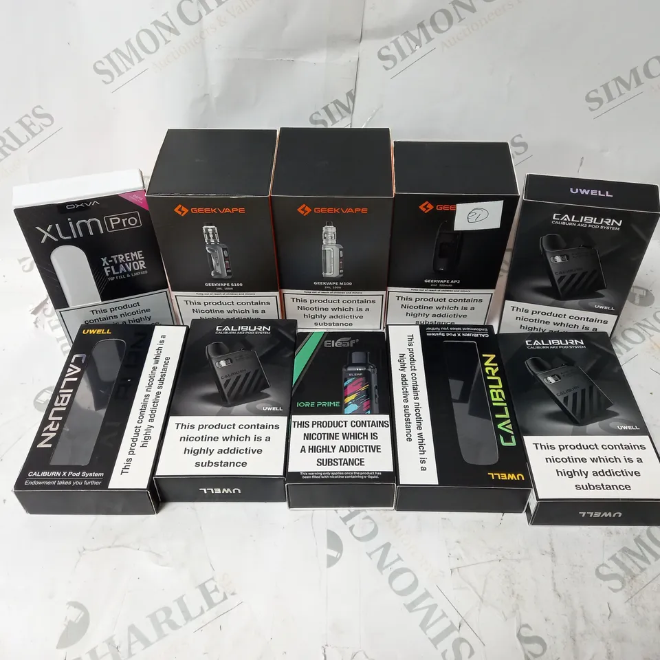 BOX OF APPROXIMATELY 10 ASSORTED E-CIG PRODUCTS TO INCLUDE GEEKVAPE, OXVA, UWELL CALIBURN 