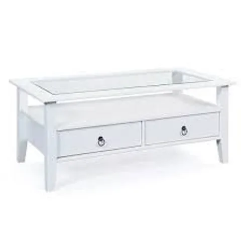 BRAND NEW & BOXED CASSALA GLASS TOP COFFEE TABLE IN WHITE WITH 2 DRAWERS (1 BOX)
