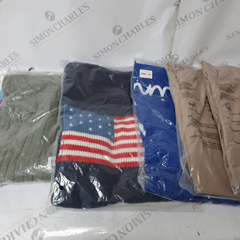 LARGE BOX OF ASSORTED CLOTHING ITEMS IN VARIOUS COLOURS AND SIZES INCLUDING TROUSERS , TOPS AND JUMPERS 