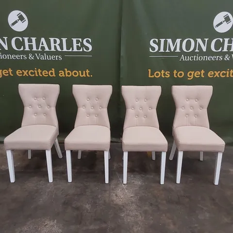 SET OF 4 BEWLEY OATMEAL FABRIC BUTTON BACK DINING CHAIRS WITH WHITE LEGS