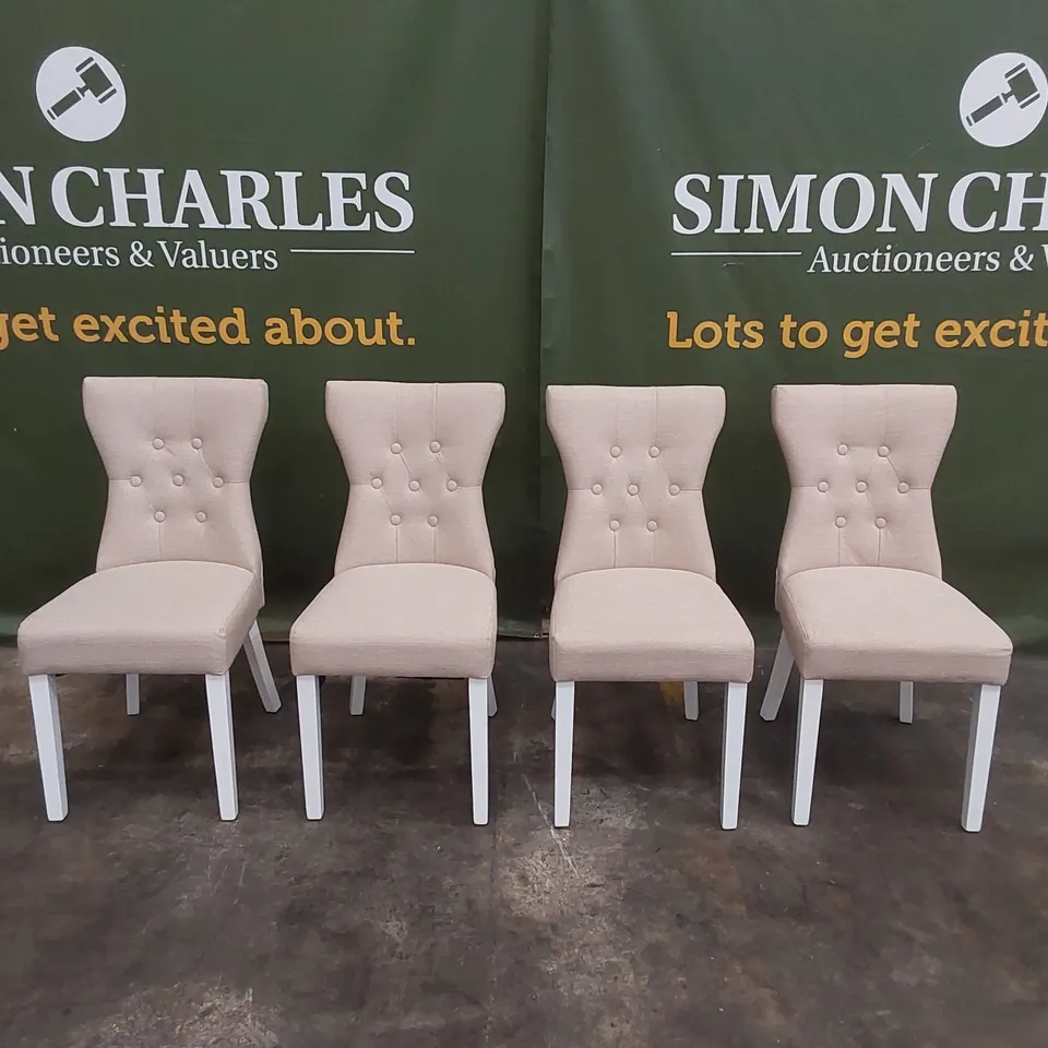 SET OF 4 BEWLEY OATMEAL FABRIC BUTTON BACK DINING CHAIRS WITH WHITE LEGS 