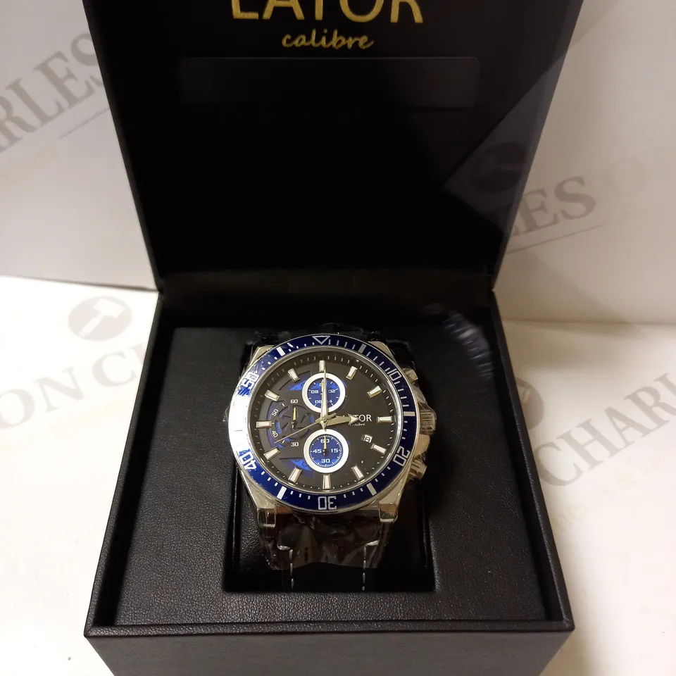LATOR CALIBRE BLUE & YELLOW DIAL SUEDE LEATHER STRAP WATCH RRP £635