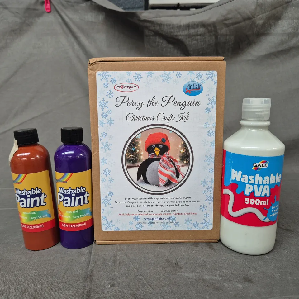 APPROXIMATELY 10 ASSORTED HOUSEHOLD ITEMS TO INCLUDE PERCY THE PENGUIN CRAFT KIT PVA GLUE, ETC