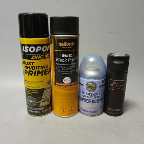 APPROXIMATELY 12 ASSORTED AEROSOLS TO INCLUDE - HALFORDS BLACK PAINT , DAVID BECKHAM  SPRAY DEODORANT , RUST INHIBITING PRIMER ETC