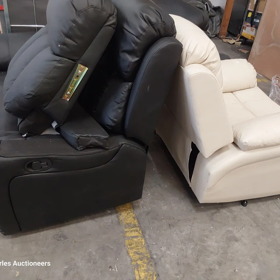ASSORTED UPHOLSTERED CHAIR & SOFA PARTS, INCLUDING CREAM FAUX LEATHER MANUAL RECLINING CHAIRM TWO SEATER MANUAL RECLINING SOFA MISSONG BACK SECTION, MANUAL RECLINING CHAIR DAMAGED FABRIC 