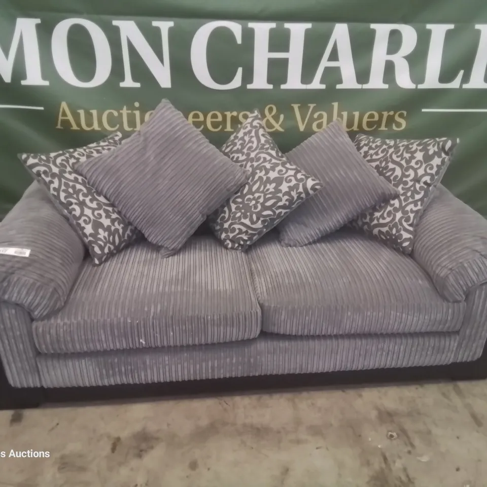 DESIGNER THREE SEATER SOFA WITH SCATTER CUSHIONS BLACK FAUX LEATHER & GREY JUMBO CHORD