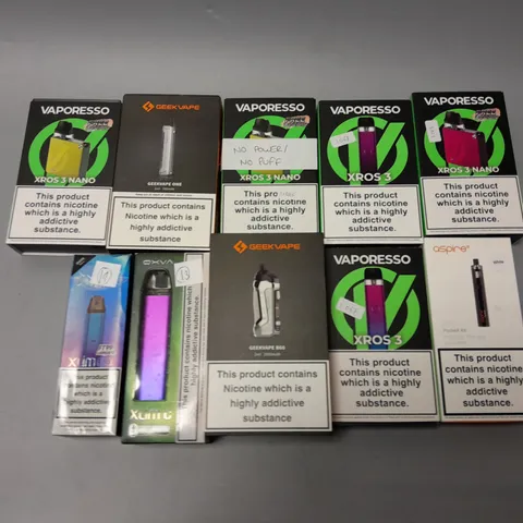 APPROXIMATELY 10 ASSORTED E-CIGS & VAPES TO INCLUDE VAPORESSO XROS 3, GEEKVAPE B60, OXVA XLIM G, ETC