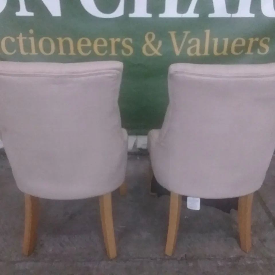 SET OF 2 NEW DUKE OATMEAL FABRIC BUTTON BACK DINING CHAIRS (OAK LEG)
