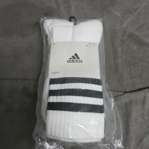 ADIDAS CUSHIONED SOCKS – WHITE WITH BLACK STRIPES – XL (3 PACK)