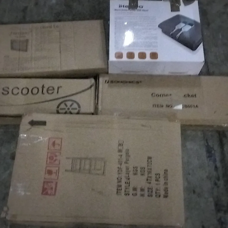 PALLET OF ASSORTED ITEMS INCLUDING FLANNEL ELECTRIC BLANKET, CORNER BRACKET, 4 LAYER PERGOLA, KIDS SCOOTER, INSECT KILLER, VIVE TOILET SEAT 