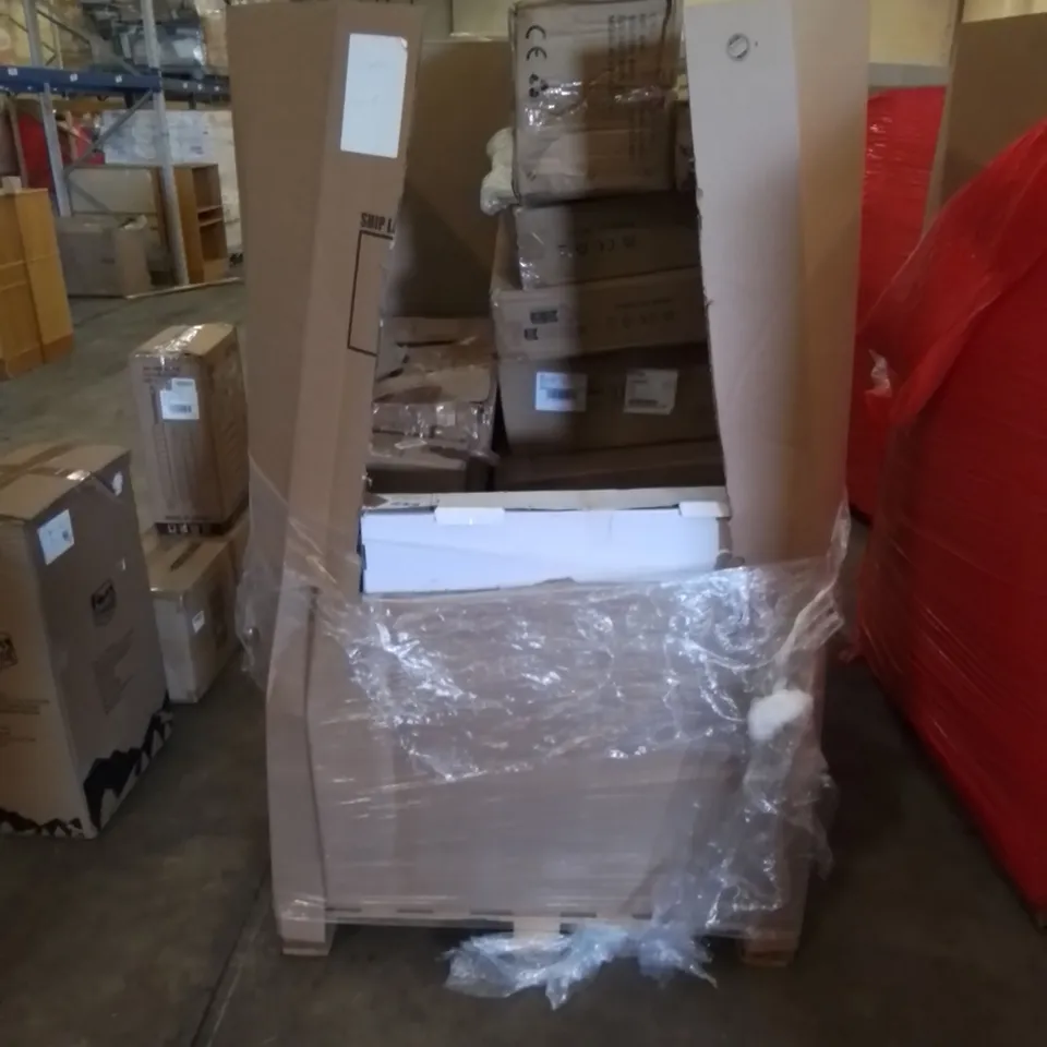 PALLET CONTAINING ASSORTED HOUSEHOLD AND HOME IMPROVEMENT PRODUCTS. INCLUDES HOME FURNITURE, STRAPS, FLIGHT BAG ETC