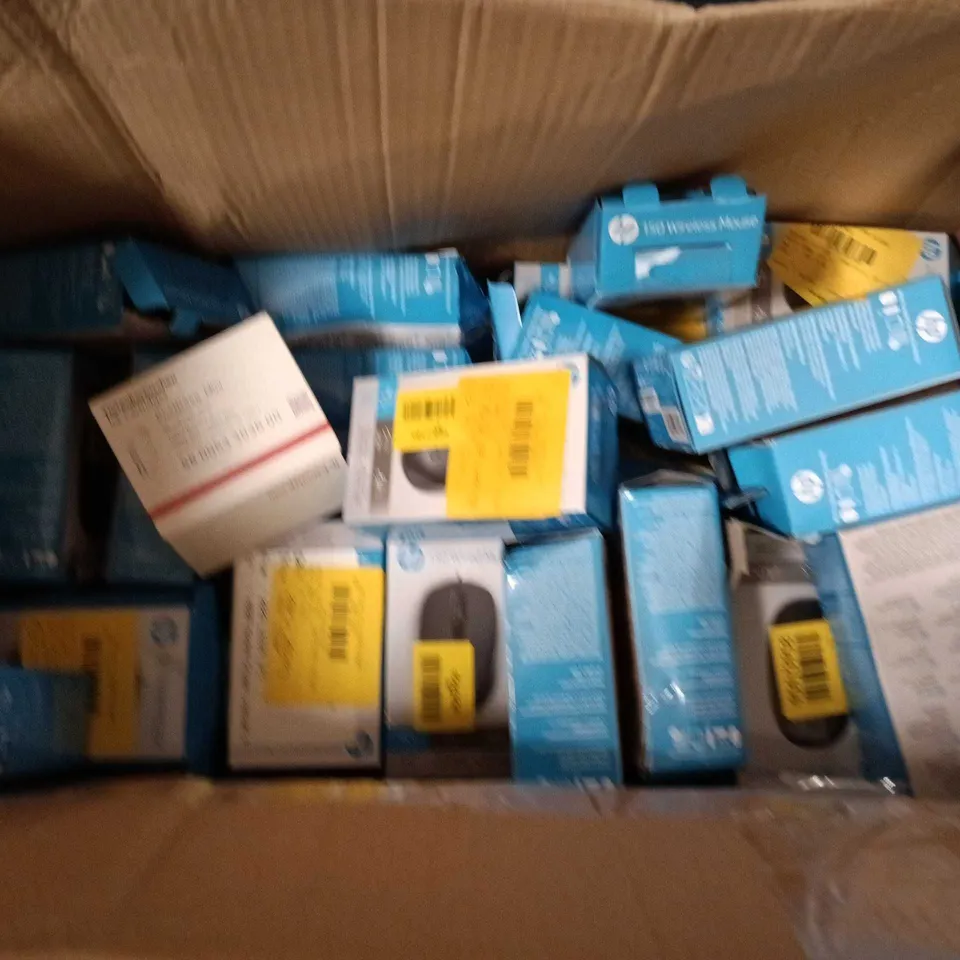 BOX OF APPROXIMATELY 20 ELECTRICAL PRODUCTS TO INCLUDE HP WIRELESS MOUSE, USB-C TO RJ45 ADAPTER G2 AND A KEYBOARD CASE