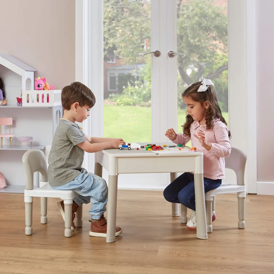 BOXED LIBERTY HOUSE TOYS KID'S 5-IN-1 ACTIVITY TABLE AND TWO CHAIRS SET, GREY (1 BOX)