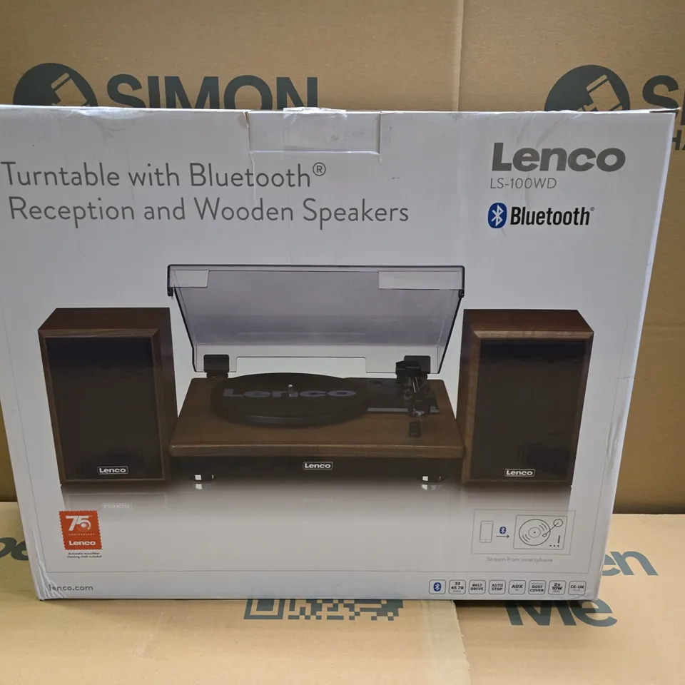 BOXED LENCO LS-100WD BELT DRIVE TURNTABLE WITH WOODEN SPEAKERS