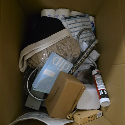 BOX OF APPROXIMATELY 15 ASSORTED HOUSEHOLD ITEMS TO INCLUDE KITCHEN ROLL, WRAPPING PAPER AND DETERGENT SHEETS