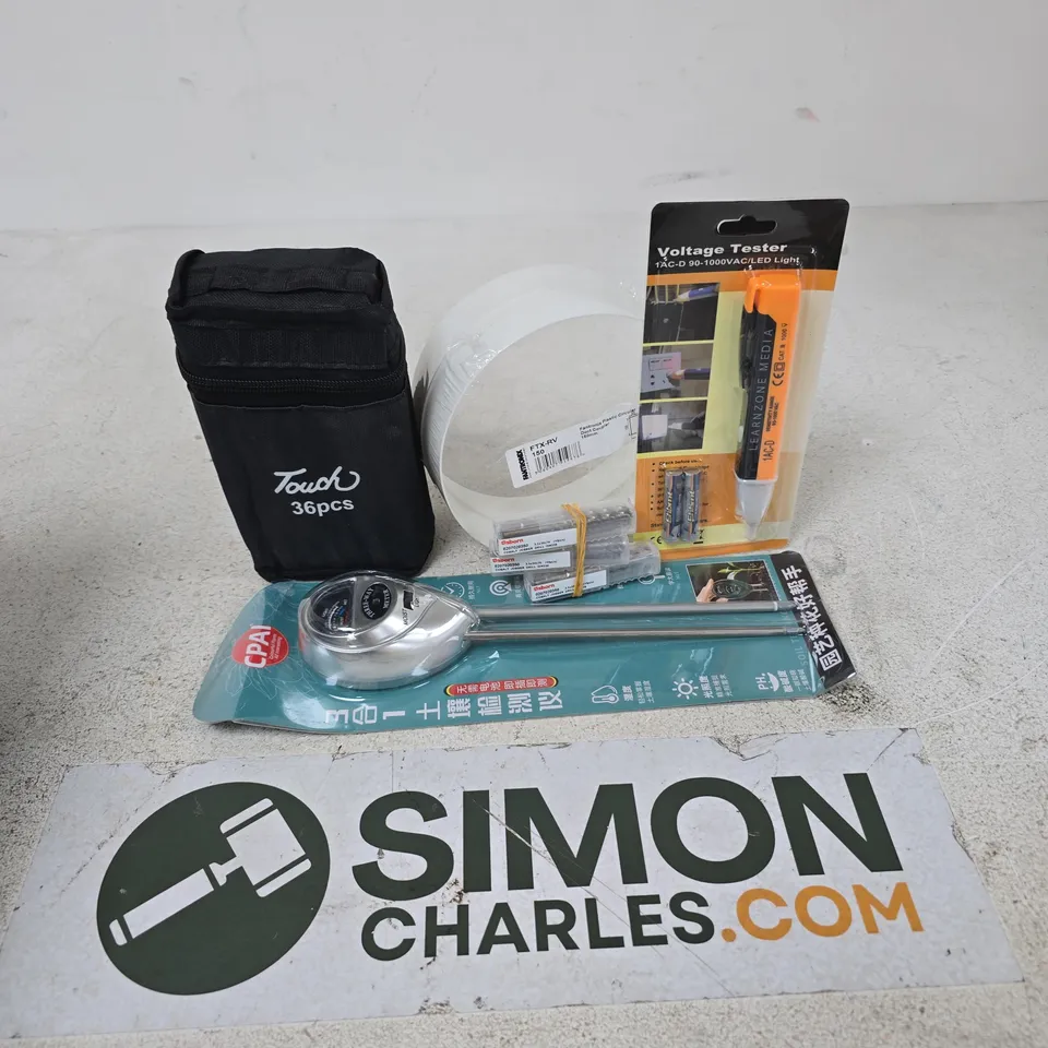 APPROXIMATELY 15 ASSORTED HOUSEHOLD ITEMS TO INCLUDE SOIL TESTING INSTRUMENT, COBALT JOBBER DRILL BITS, VOLTAGE TESTER, ETC