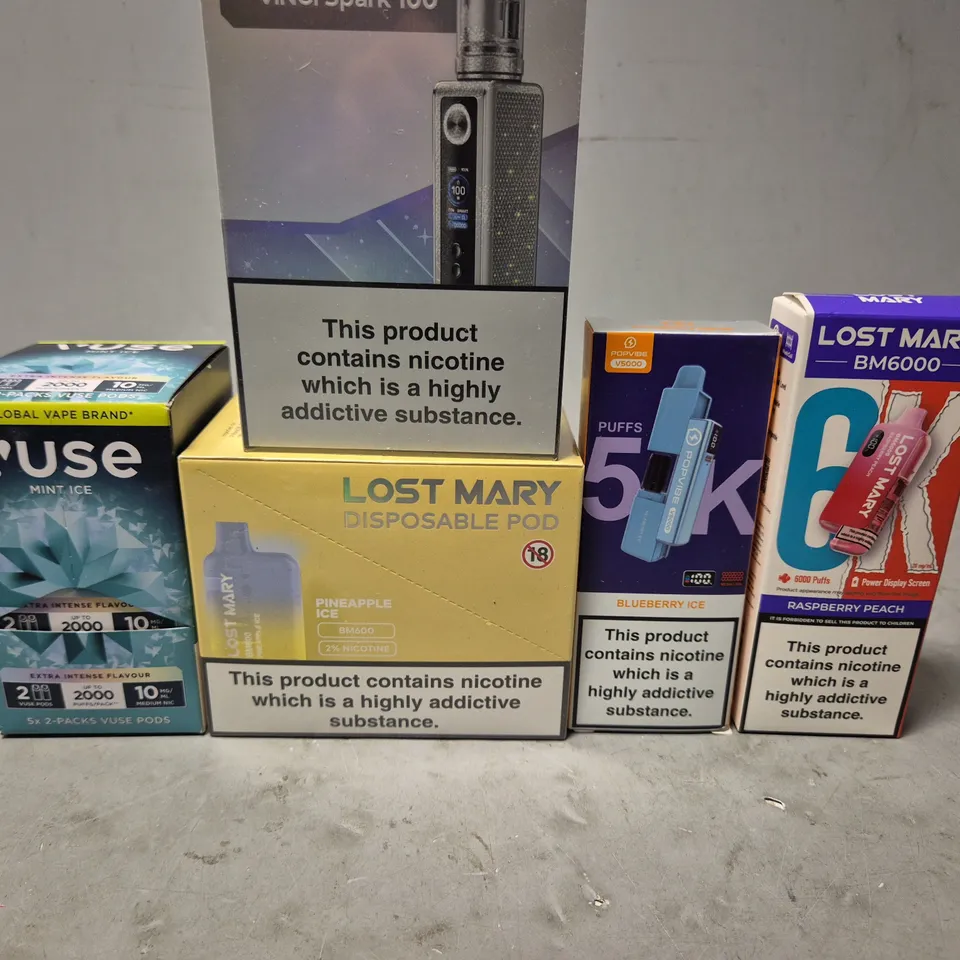 APPROXIMATELY 20 ASSORTED E-CIGARETTE PRODUCTS TO INCLUDE - LOST MARY , POPVIBE , VUSE ETC