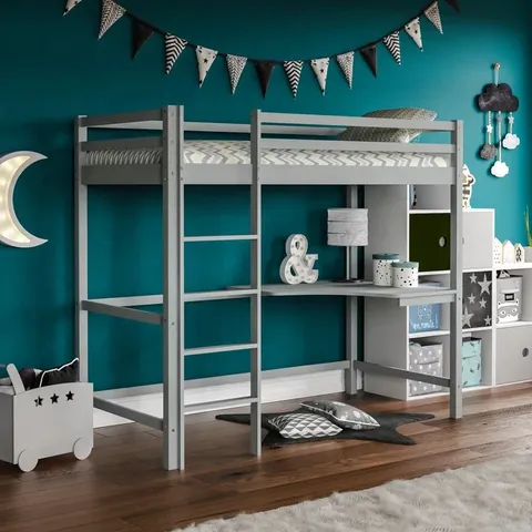 BOXED MUSKOKA SINGLE (3') BED FRAMES HIGH SLEEPER LOFT BED WITH BUILT-IN-DESK - GREY (2 BOXES)