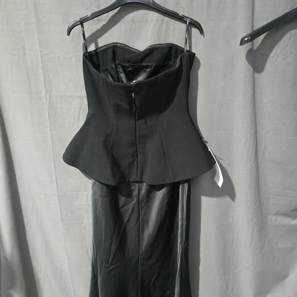 CLUB LONDON BLACK EVENING DRESS WITH PEPLUM BODICE & SPAGHETTI STRAPS SIZE 10 UK