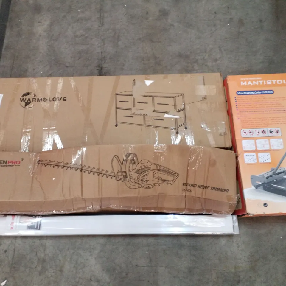 PALLET OF ASSORTED PRODUCTS INCLUDING ELECTRIC HEDGE TRIMMER, VINYL FLOORING CUTTER, ROLLER BLINDS