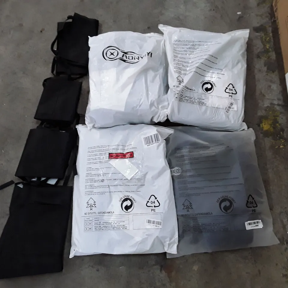 BOX CONTAINING 4 WETSUITS & PACK OF 3 BLACK APRONS 