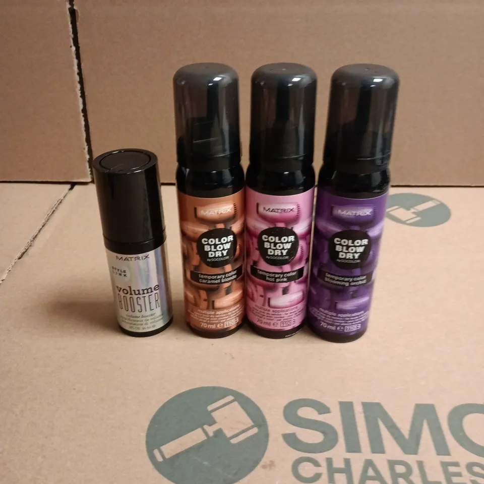 BOX OF APPROXIMATELY 50 MATRIX HAIRCARE PRODUCTS TO INCLUDE TEMPORARY HAIR COLOUR SPRAYS AND VOLUME BOOSTERS