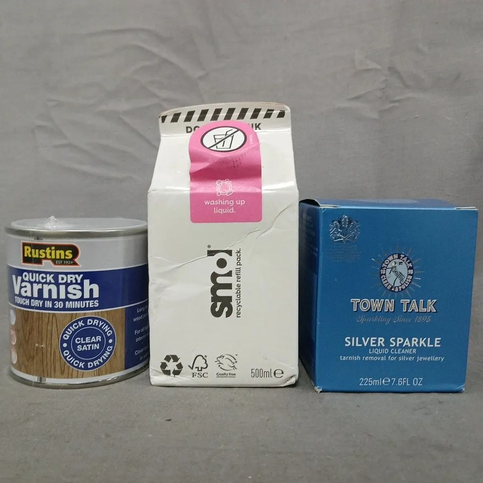 APPROXIMATELY 10 ASSORTED HOUSEHOLD ITEMS TO INCLUDE WASHING UP LIQUID, QUICK DRY VARNISH, ETC