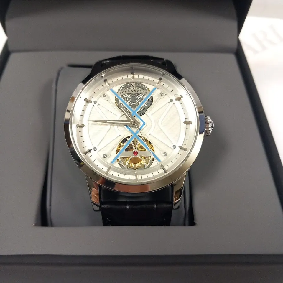 MENS VONLANTHEN AUTOMATIC WATCH – SILVER AND BLUE TEXTURED DIAL - GLASS EXHIBITION BACKCASE – BLACK LEATHER STRAP