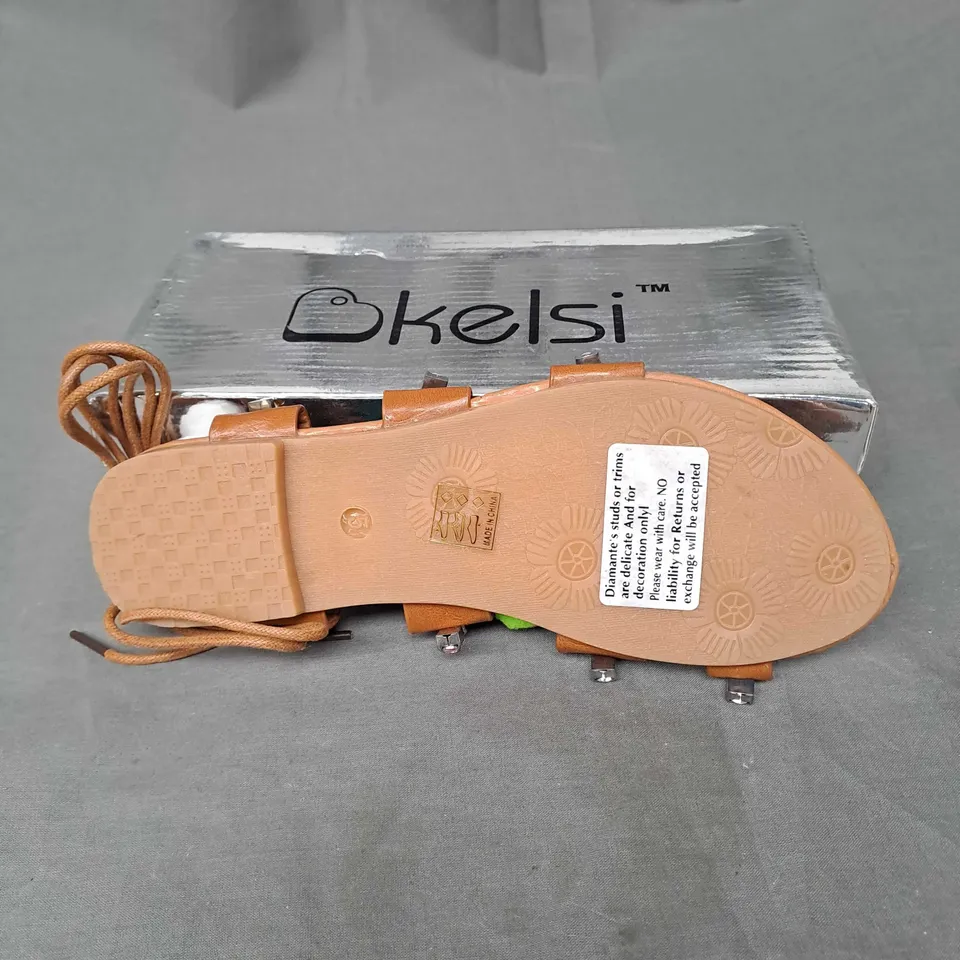 BOX OF APPROXIMATELY 8 PAIRS OF KELSI EMBELLISHED SANDALS IN CAMEL - VARIOUS SIZES 