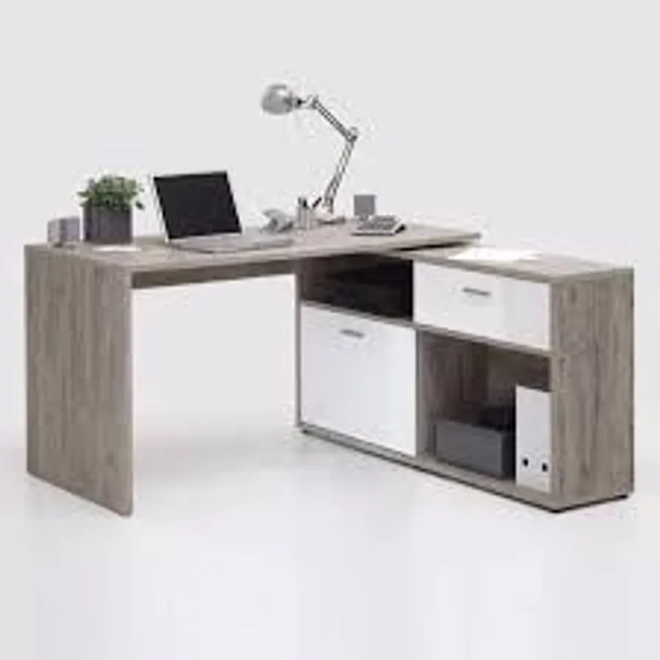 BRAND NEW & BOXED MATTIA CORNER COMPUTER DESK IN SAND OAK & WHITE HIGH GLOSS (2 BOXES)